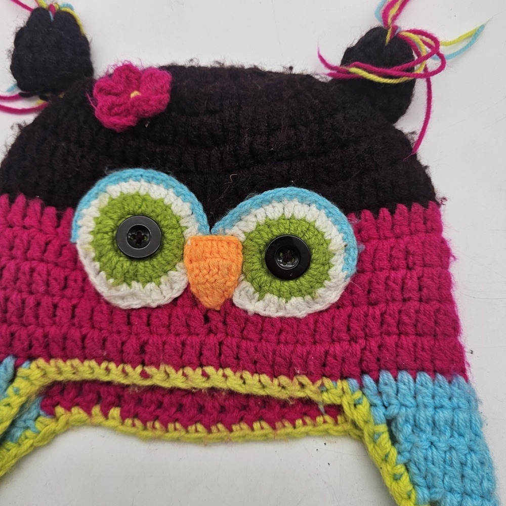 Handmade Owl Hat Trapper Girls One Size Multicolor Crochet Ear Flap Tassel - Picture 3 of 6